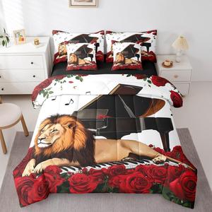 Erosebridal Комплект постельного белья Rose Floral Lion с принтом диких животных и музыкальных нот в винтажном стиле, Red Black Brown