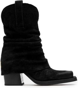 Замшевые складные ботинки, квадратный носок, массивный блок на каблуке, ботинки на середине икры, натягивающие ковбойские ковбойские ковбойские ботинки на лодыжке XBKXMK, Black