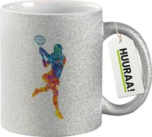 Кружка Huuraa Glitter Mug с красочным силуэтом теннисиста, подарочная, 330 мл, серебряная, теннисная Hellweg Druckerei