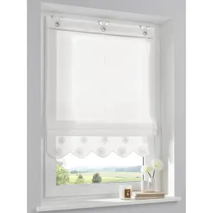 Короткая римская штора Elly с крючковой подвеской, без сверления, свободно висящая, хлопковая с вышитым воланом Kutti, Offwhite