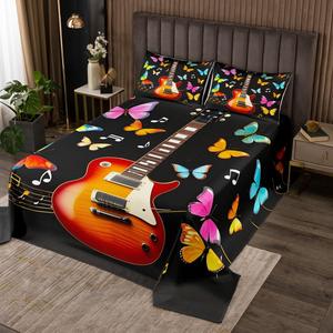 Erosebridal Комплект постельного белья Guitar с музыкальными нотами и бабочками, мягкий микрофибровый, черный, Multi 7