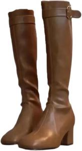 Женские высокие сапоги выше колена с эластичной посадкой, с квадратным носком, пряжкой, рыцарского стиля, с толстым каблуком, зимние модные туфли Generic, Brown