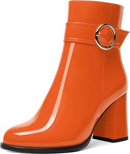 Женские ботильоны NUMALEO из лакированной кожи с повседневной молнией, для свиданий, с ремешком на щиколотке, круглым носком, пряжкой, массивным каблуком 3,3 дюйма, Orange