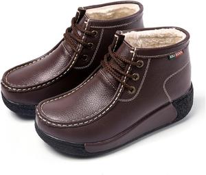 Женские зимние ботинки-лоферы из кожи на платформе, модные зимние ботинки с круглым носком, шнуровкой и на щиколотке, противоскользящие низкие трекинговые туфли Generic, Brown-Velvet