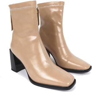 Женские ботильоны LEHOOR на массивном каблуке, с квадратным носком, молнией сзади, из лакированной кожи, средней длины, на высоком толстом каблуке, стильные средние ботинки, повседневные, милые, теплые зимние, размеры 4-11 США, Matte Beige