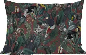 Подушка для улицы - Цветы - Тукан - Листья - 50 x 30 см - Устойчива к погодным условиям - Подушка для отдыха - Подушка для дивана - Украшение для гостиной MuchoWow