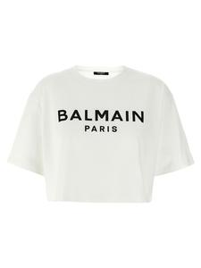 Кроп-топ футболка с логотипом BALMAIN, белый/черный