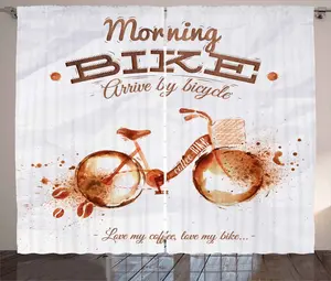 Штора ABAKUHAUS Coffee Art Rustic, Bike Passion Love, присборенная штора из тесьмы для спальни с петлями и крючками, 280 x 245 см, цвет: темно-оранжевый шоколад Abakuhaus