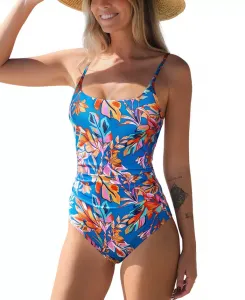 Женский слитный купальник с круглым вырезом и перекрещивающимися чашечками, завязывающийся на липучке Cupshe, синий