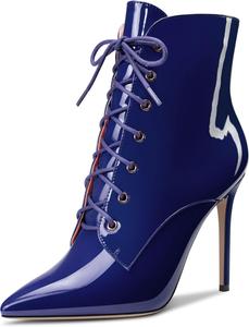 Женские ботильоны Aachcol с коротким голенищем, заостренным носком, стойкой на шпильке средней высоты, лакированные, с молнией и шнуровкой, сексуальные, каблук 4 дюйма, Navy Blue