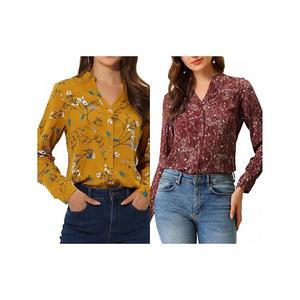 2 упаковки женской блузки с пуговицами, v-образным вырезом и длинным рукавом в цветочном принте Inspire Chic, Yellow Burgundy