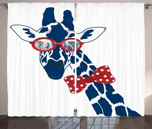 Штора ABAKUHAUS "Жираф" в деревенском стиле, длинная, с завязкой-бабочкой, универсальная, для гостиной, с петлями и крючками, 280 x 245 см, цвет: синий, киноварь и белый Abakuhaus