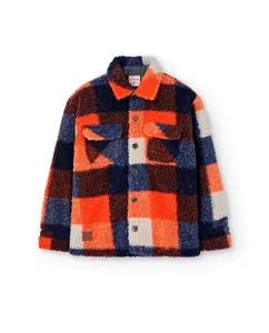 Детская куртка с овчиной в клетку с рубашечным воротником Boboli, темно-синий/оранжевый