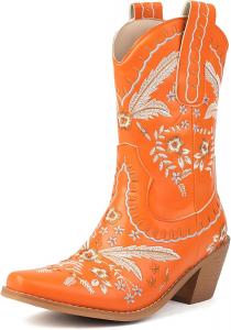 Женские вышитые ковбойские сапоги на каблуке, с цветочным рисунком, низкий широкий каблук, западный стиль LIPIJIXI, 004 Orange