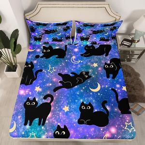 Erosebridal Комплект постельного белья Black Cat с галактическим звездным небом и милыми котиками, фиолетовый мультиколор, Pruple Black