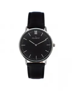 Мужские часы с черным циферблатом 40 мм, серебристый сверхтонкий корпус, кожаный ремешок Peugeot