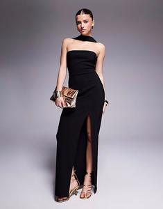 Платье-бандо макси с вырезом-чокером и боковыми разрезами Vesper bengaline черного цвета