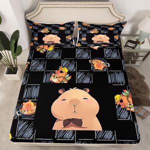 Erosebridal Детский комплект постельного белья Funny Capybara с мультяшным принтом капибар и клетчатым узором, Black Blue