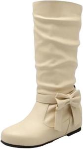 Женские теплые сапоги средней высоты с мягкой кожей, бантом, танкеткой и круглым носком, модная зимняя обувь Generic, Beige