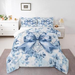 Erosebridal Комплект постельного белья Girls Blue Bow King с голубыми кокетливыми цветочными принтами и бантами в богемном стиле для девочек, White Blue
