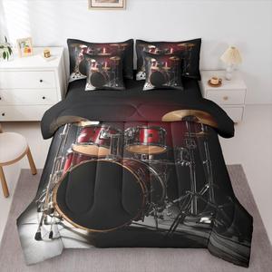 Erosebridal Комплект постельного белья Queen с рок-музыкальной тематикой и изображением музыкальных инструментов, Red Black