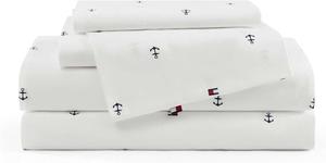 Tommy Hilfiger Комплект постельного белья, размер Queen (152x203 см), пододеяльник, простыня, 2 наволочки, хлопковый перкаль, легкий, сертифицирован Oeko-Tex, цвет Anchor and Flag Blue
