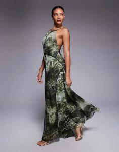 Платье макси ASOS DESIGN с открытой спиной и окантовкой, с зеленым анималистичным принтом