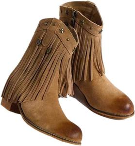 Женские винтажные ковбойские сапоги в западном стиле, с круглым носком и массивным каблуком, с бахромой и заклепками, градиентная вышивка в виде звезд, сапожки средней длины для осени и зимы LokoLucx, Light Brown