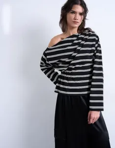Topshop off the shoulder ruched detail long sleeve top in stripe