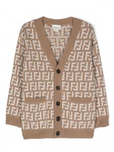 Кардиган вязки интарсия с V-образным вырезом и логотипом FF Fendi Kids, нейтральный
