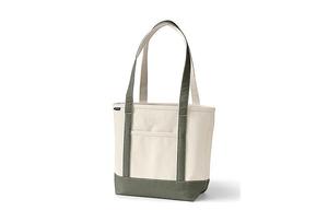 Средняя холщовая сумка-тоут с пятью карманами, открытым верхом и длинными ручками Lands' End, цвет natural/dark olive green