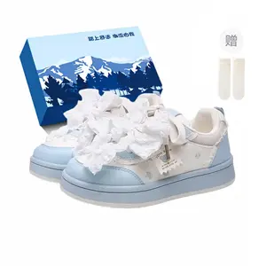 Fawn Miri Женские устойчивые к истиранию низкие скейтбордские кеды бежево-голубые с бантиком [Эксклюзивная коробка для обуви с носками]