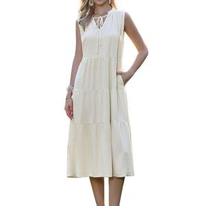 Платье миди для женщин без рукавов с v-образным вырезом, рюшами на воротнике и завязками Inspire Chic