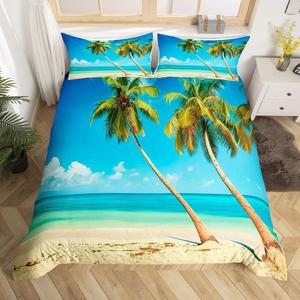 Erosebridal Комплект постельного белья Ocean Beach с гавайскими пальмами и морскими волнами в тропическом стиле, синего цвета, с застежкой-молнией, Multi 19