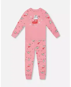 Детский хлопковый комплект пижамы для девочки розовый с кошачьим принтом Deux Par Deux