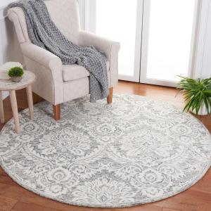 Ковер SAFAVIEH, 183 x 183 см, Blossom Collection, круглый, Grey & Ivory, ручной работы дамаст из шерсти, идеален для помещений с высокой проходимостью в гостиной, спальне (BLM106H)