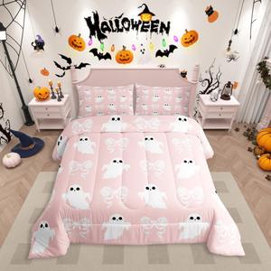 Erosebridal Комплект постельного белья Happy Halloween с принтом привидений в розово-белых тонах, декоративными бантами, Pink