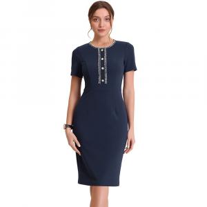 Женские деловые платья-футляры с твидовой отделкой и круглым вырезом и короткими рукавами ALLEGRA K, цвет Navy Blue