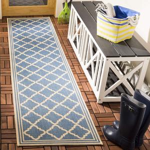 Ковер SAFAVIEH, 67 x 305 см, Beach House Collection Blue/Cream BHS121M Trellis для помещений и улицы без осыпания ворса, легко чистится, для патио, заднего двора, крыльца, террасы, прихожей