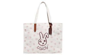 COACH Переработанная холщовая сумка с переработанной кожей, большая женская наплечная сумка белого цвета