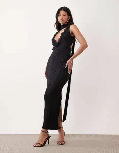 Черное плиссированное платье миди с кружевной отделкой ASOS DESIGN