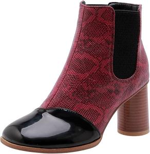 Женские ботильоны VOKLIN с круглым носком на высоком толстом каблуке, кожаные с эластичной боковой вставкой, нарядные короткие ботинки, Wine Red-Velvet Lined