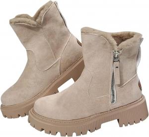 Женские зимние флисовые снегоходные сапоги, женские замшевые ботильоны на утолщенном каблуке с боковой молнией, повседневная удобная обувь для прогулок на осень и зиму Generic, Beige
