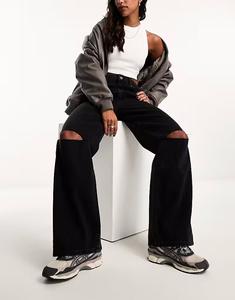 Джинсы-папы с широкими штанинами и разрывами, черные, выбеленные Asos Design