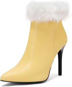 Женские зимние меховые элегантные ботильоны на шпильке с острым носком, застежкой-молнией, высокими каблуками, теплые короткие ботинки для снега JOEUSTY, Yellow