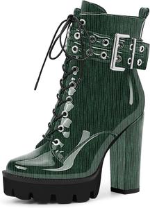 Женские ботильоны на массивном высоком каблуке с готическим ремешком и шнуровкой, боевые ботинки Odetina, Green Stripe