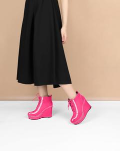 Женские ботильоны Eldof Wedge с круглым носком, шнуровкой и бисером, высокие на каблуке 4 дюйма, из лакированной кожи, Hot Pink