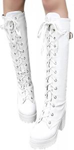 Женские высокие боевые сапоги Hbeylia до колена, модные панк-готические кожаные с кружевами, с круглым носком, на танкетке и массивном каблуке, длинные сапоги до колена в стиле винтаж, для езды на мотоцикле, White