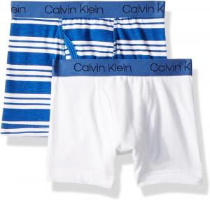 Комплект из двух пар трусов-боксеров Calvin Klein для мальчиков | Премиальный хлопок, комфорт, White/Blue Stripe/White