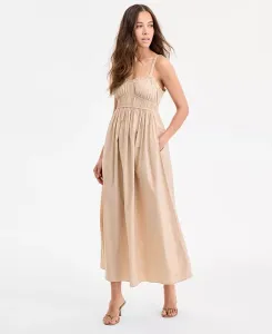 Женское хлопковое платье макси с вырезом в форме сердца BOSS Orange, коричневый/бежевый